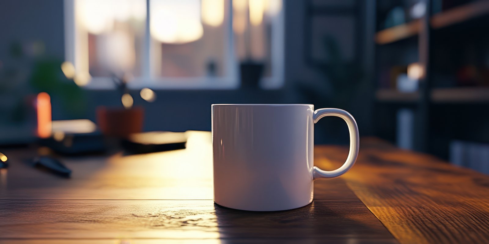 Warm morning light streams through a window onto a coffee mug placed on a wooden table in a cozy workspace